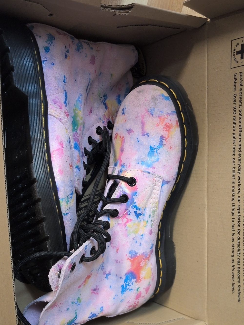 Women's DR. Martens Rainbow Burst Suede Pink Lace-Up Boots NEW